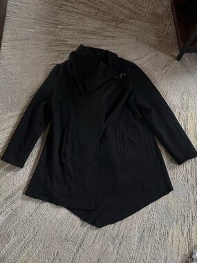 Linea Domani black wool sweater coat cardigan draped funnel neck clasp large